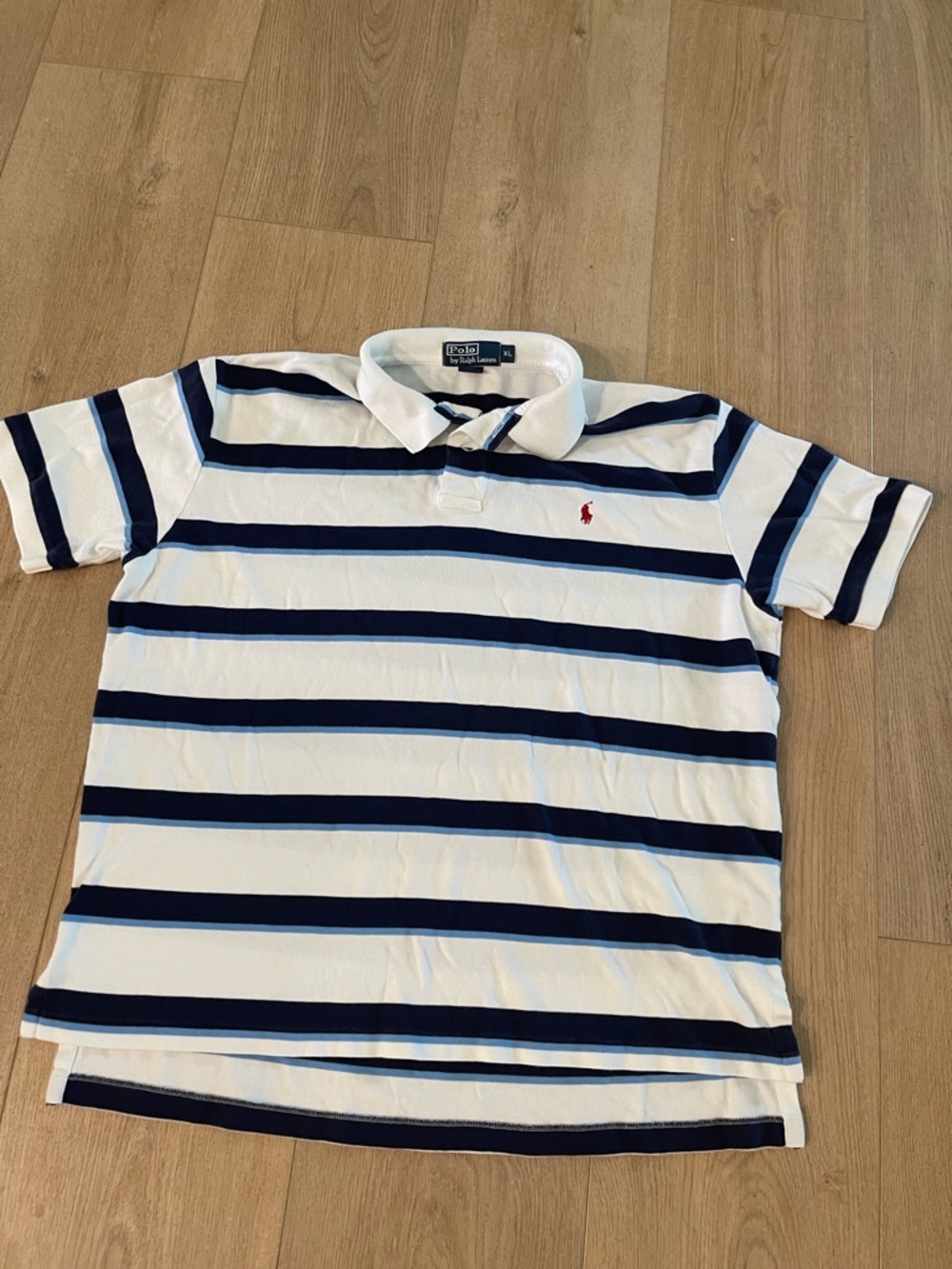Ralph Lauren White & Navy Striped Polo with Red Logo